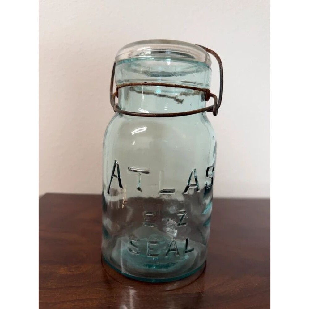 Vintage Atlas E-Z Seal Aqua Glass Canning Jar with Glass Lid